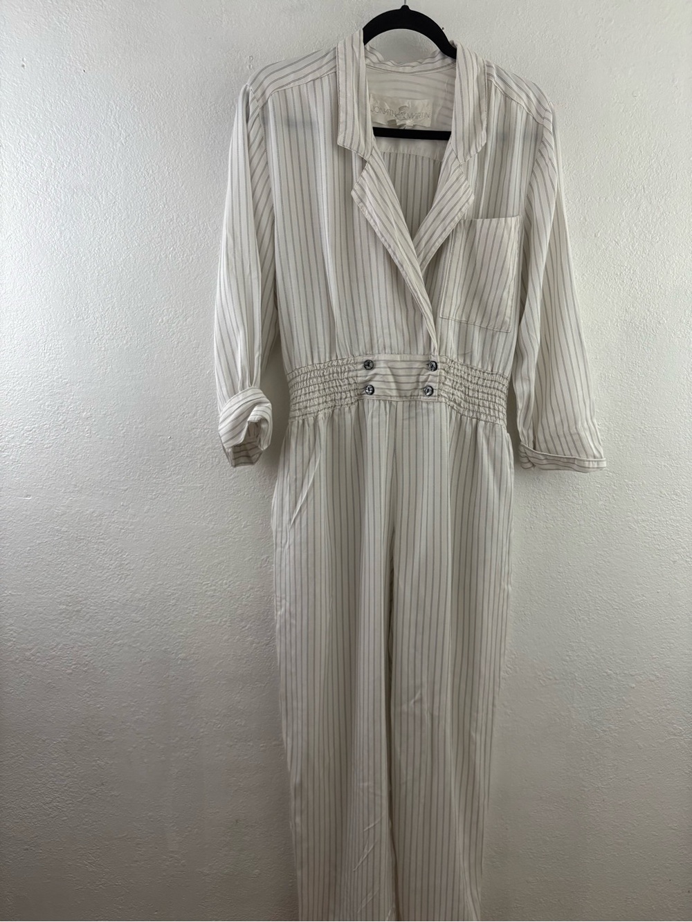 Jonathan Martin striped, lapel-collared button-down jumpsuit cinche waist 12